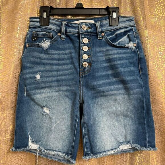 KanCan Women's Moss High Rise Button Fly Distressed Bermuda Shorts Small - Picture 1 of 12